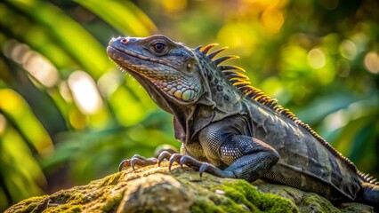 Fototapeta premium Majestic black iguana basks in warm sunlight on a rocky outcropping amidst lush greenery in costa rica's parque nacional carara tropical rainforest habitat.,hd, 8k.