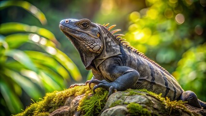 Fototapeta premium Majestic black iguana basks in warm sunlight on a rocky outcropping amidst lush greenery in costa rica's parque nacional carara tropical rainforest habitat.,hd, 8k.