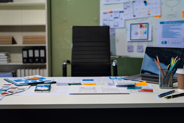 Workspace with desktop computer, office supplies, houseplant and coffee cup at office. desk work concept.