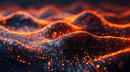 Abstract digital landscape with glowing orange and red particles on a dark background.