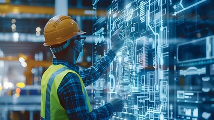 Fototapeta premium Industrial Worker Inspecting Electrical Wiring Diagram in Factory at Night