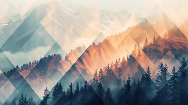 A beautiful abstract landscape featuring a forest and mountains with geometric overlays in soft, warm colors creating a tranquil mood.
