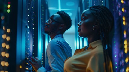 In a server room, an engineer and IT team collaborate on programming, cybersecurity, or maintenance tasks. An African woman and a man technician work together in the datacenter, focusing on network