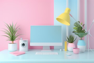 Pastel-colored 3D webinar hosting setup on white background, minimalistic and modern.