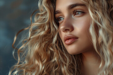 Fototapeta premium a woman with long curly hair and a blue background