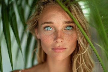 Fototapeta premium a woman with blue eyes and freckles is looking at the camera