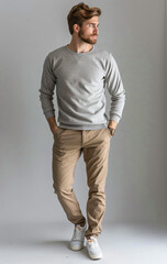 a man in a grey sweater and khaki pants
