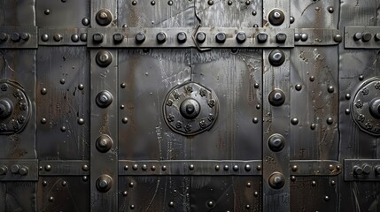 Fototapeta premium Closeup of an ancient metal door with intricate rivets, bolts, and ornate design. Perfect for historical or architectural themes.