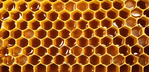 Mesmerizing macro photography of honeycomb lattice with golden honey against dark backdrop.