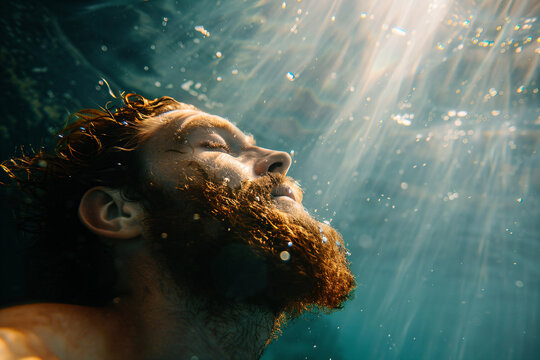 a man with a beard and a beardless face in the water