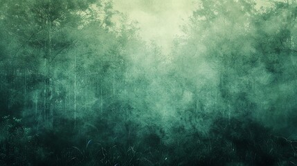 Obraz premium Misty forest landscape with green hues, capturing the atmospheric and mysterious essence of nature at dawn.