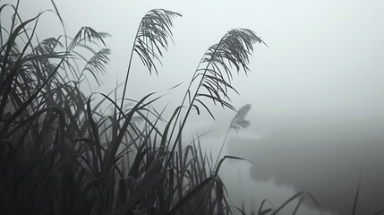 Serene morning mist over a tranquil lake with tall grasses in the foreground, perfect for nature and landscape themes.