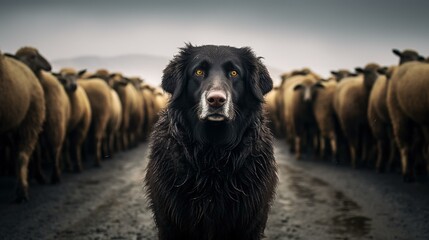 Fototapeta premium A black dog stands proudly in front of a herd of white sheep, showcasing diversity within unity.