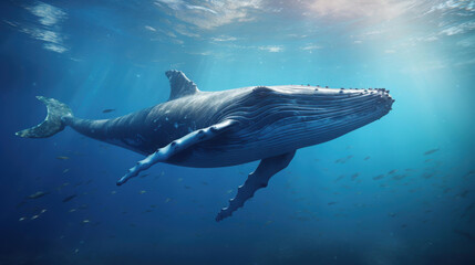 Blue Whale swimming gracefully in ocean.