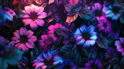 Vibrant and colorful flowers in shades of pink, purple, and blue, creating a stunning and mesmerizing floral background.