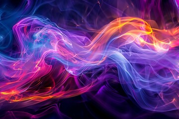 Obraz premium Vivid swirling abstract smoke background with vibrant colors of purple, orange, and blue blending seamlessly in an ethereal design.