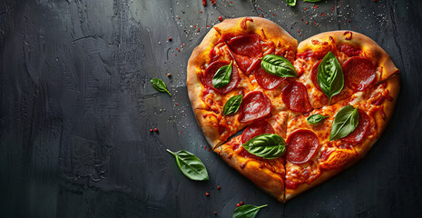 Heart shaped pizza banner for Valentine's Day restaurant menu advertising.