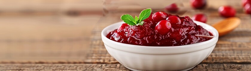 Closeup of cranberry sauce in a bowl, glistening and ready to be served, capturing the traditional and beloved side dish of the Thanksgiving meal