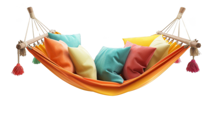 Colorful hammock filled with vibrant pillows. Perfect for relaxation, outdoor lounging, and summertime comfort.