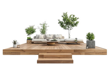 Contemporary outdoor patio with comfortable furniture, potted plants, and wooden decking, perfect for relaxation and gatherings.