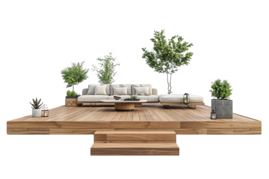 Contemporary outdoor patio with comfortable furniture, potted plants, and wooden decking, perfect for relaxation and gatherings.