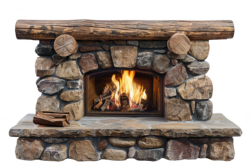 Cozy stone fireplace with rustic wooden mantle and burning fire, perfect for a warm and inviting home setting.