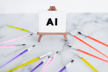 AI text on canvas on easel with brushed around it, machine learning & art, image NOT generated with...