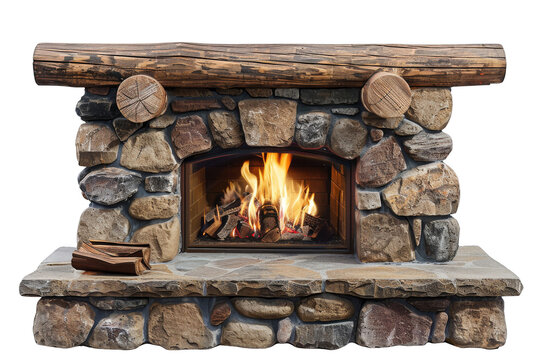 Cozy stone fireplace with rustic wooden mantle and burning fire, perfect for a warm and inviting home setting.