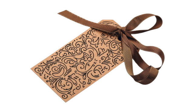 Elegant decorative cardboard tag with intricate floral design and tied brown ribbon. Perfect for gift wrapping, crafts, and special occasions.