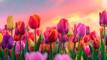 Gordijnen A close-up view of vibrant tulips in a field during sunset, showcasing their colorful petals and the beauty of nature in full bloom. © BetterPhoto