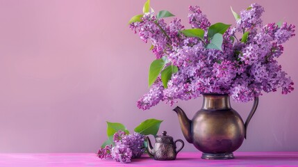 Bouquet of lilac bronze vase teapot on pink background