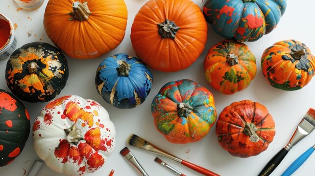 Creative pumpkin painting ideas for adults using a pumpkin decorating kit with assorted colored pumpkins paint and brushes