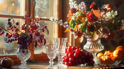 Cozy autumn home scene with glassware red fruits and floral arrangements