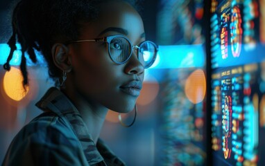 A young African American woman with dreadlocks and glasses is working on her computer late at night. She is focused on the screen and appears to be immersed in her work