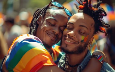 Two African American men embrace during a Pride festival, their smiles radiating joy and love