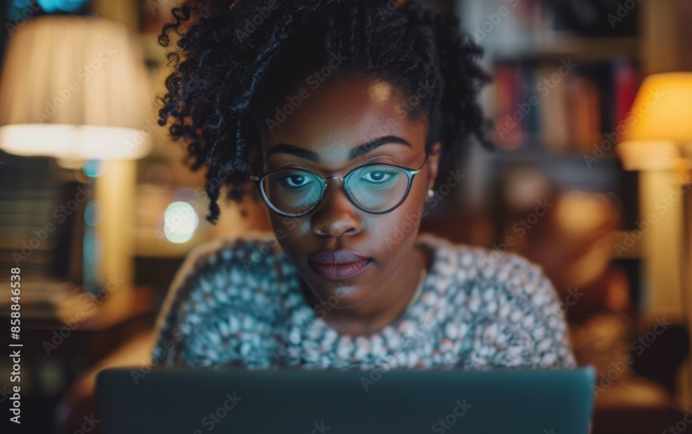 Wall mural a close-up shot of an african american woman working from home at night, focusing intently on her la