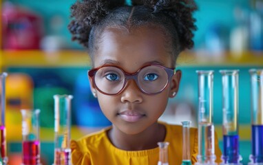 A young African American girl wearing glasses looks intently at a row of beakers filled with colorful liquids during a science experiment in her elementary school classroom