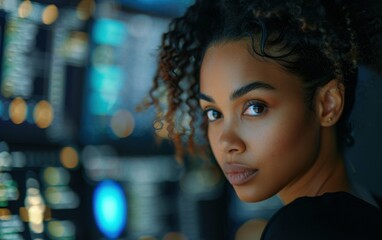 Portrait of a woman with dark curly hair, looking at the camera with a focused expression. Background of computer code indicates shes a cybersecurity expert