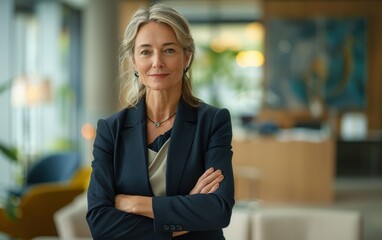 Fototapeta premium A portrait of a confident middle-aged businesswoman standing in a modern office, arms crossed, looking directly at the camera