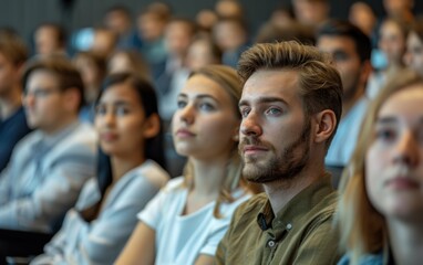 Obraz premium A group of young professionals sit attentively in a conference room, listening intently to a presentation being given at the front of the room
