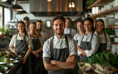 A group of restaurant workers pose for a photo in their kitchen, with the chef standing in the front, arms crossed, and smiling