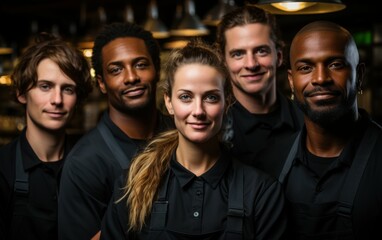 A group of four food service workers pose for a portrait in a dimly lit restaurant setting