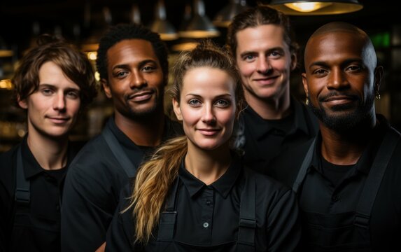 A group of four food service workers pose for a portrait in a dimly lit restaurant setting - Powered by Adobe