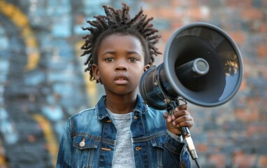 A young Black boy stands with a megaphone in front of a brick wall, speaking out for civil rights