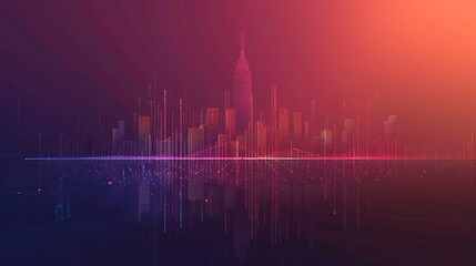 Fototapeta premium The concept of smart city infrastructure is visualized with abstract dots connecting gradient lines, illustrating intricate wave designs and big data connection technologies.