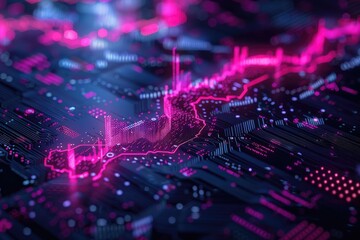 Obraz premium Abstract digital landscape with glowing pink lines and a circuit board texture.