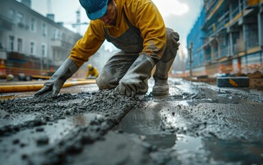 A construction worker kneels down, carefully smoothing out wet concrete with his gloved hands