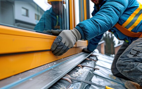 A construction worker in protective gloves carefully installs a window frame on a roof. The worker is wearing a blue jacket and a safety vest. Snow can be seen in the background