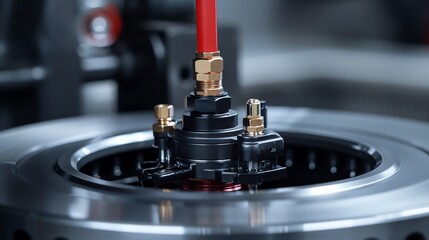 Close-up of a machine component with a red wire.