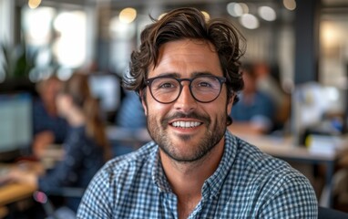 Fototapeta premium A young man in glasses smiles at the camera while sitting in an office setting. He is wearing a blue and white plaid shirt